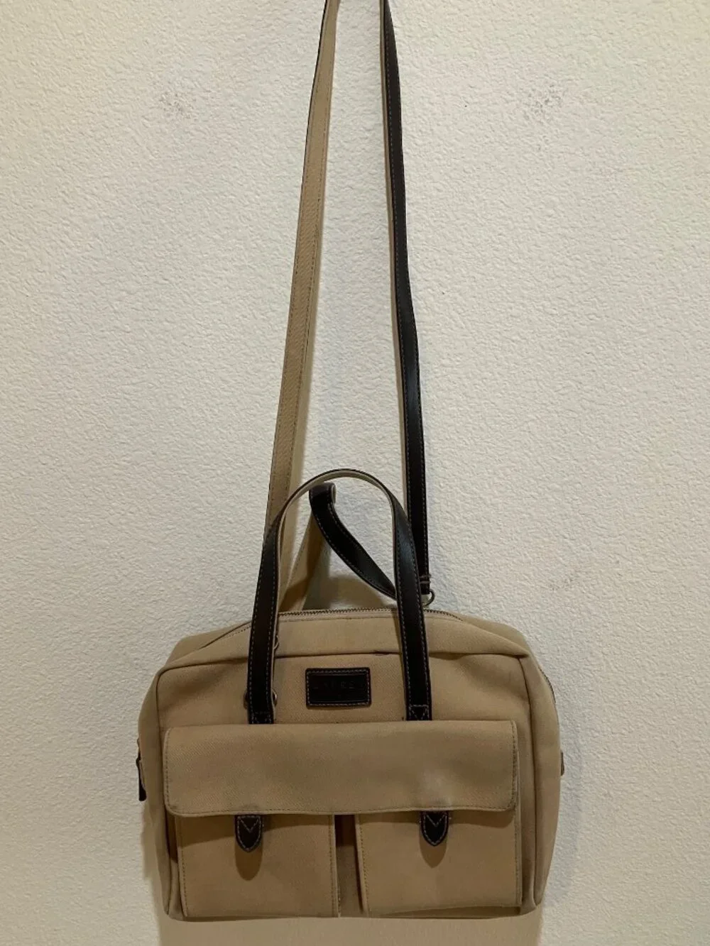 Lauren Ralph Lauren Vintage Canvas Leather Shoulder Satchel Tote Bag Beige Brown